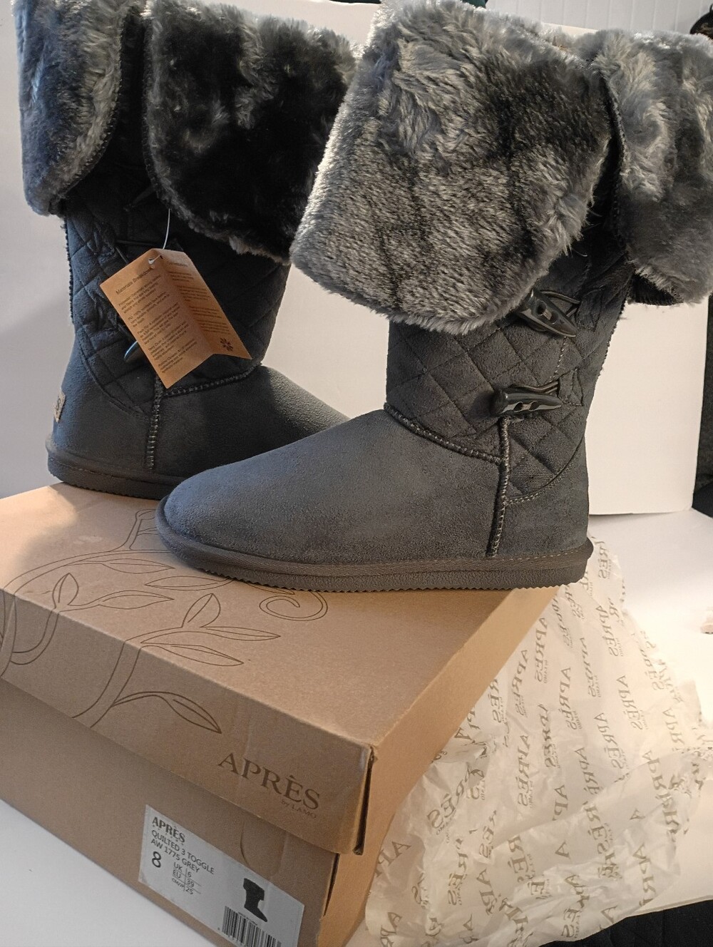 Apres By Lamo Quilted Winter Boots Toggle Women's Size 8 Gray NWT & Box
